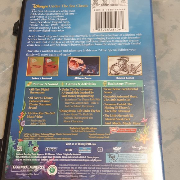 Disney The Little Mermaid DVD 2 Disc Special Edition - Platinum Edition - Picture 2 of 2